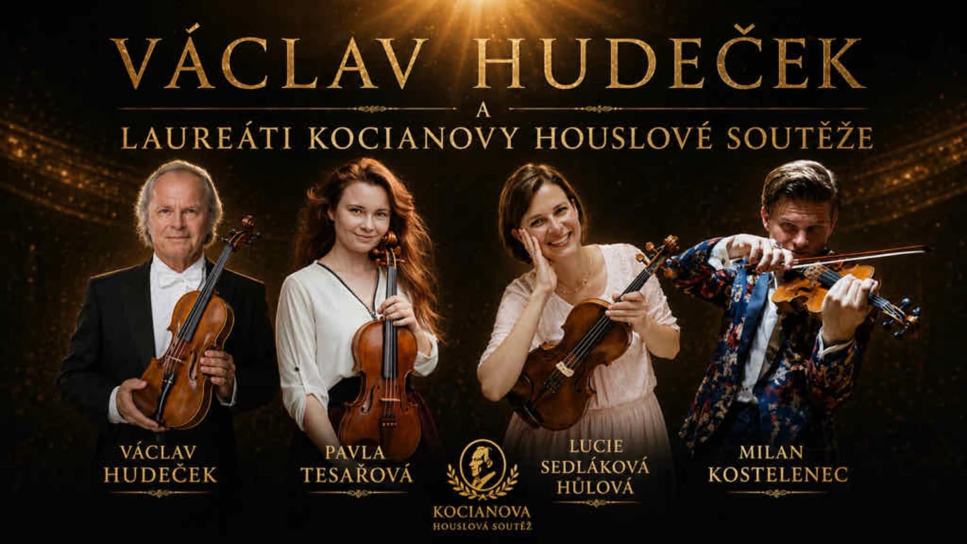 Václav Hudeček a Laureáti Kocianovy houslové soutěže. Doprovází Praga Camerata